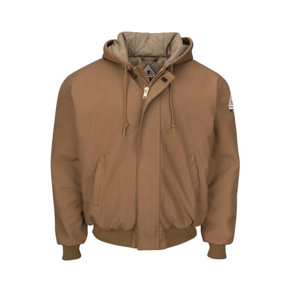 Insulated Brown Duck Hooded Jacket with Knit Trim