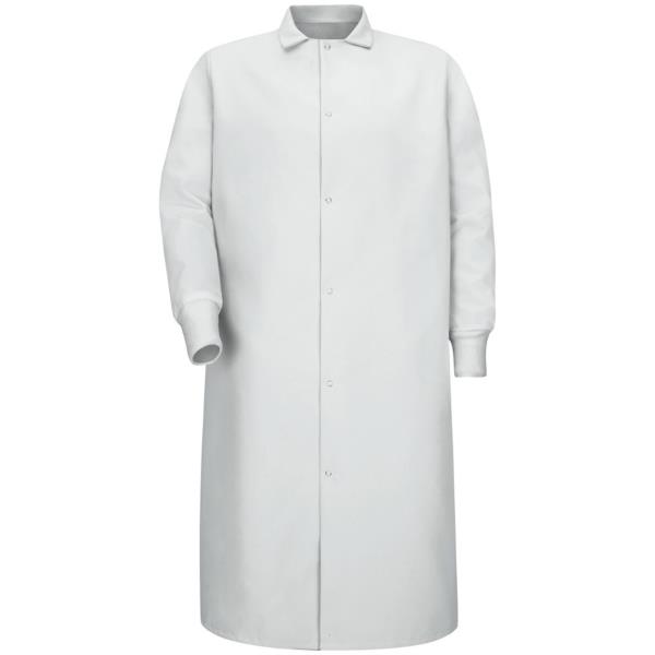 Gripper-Front Pocketless Butcher Coat With Knit Cuffs